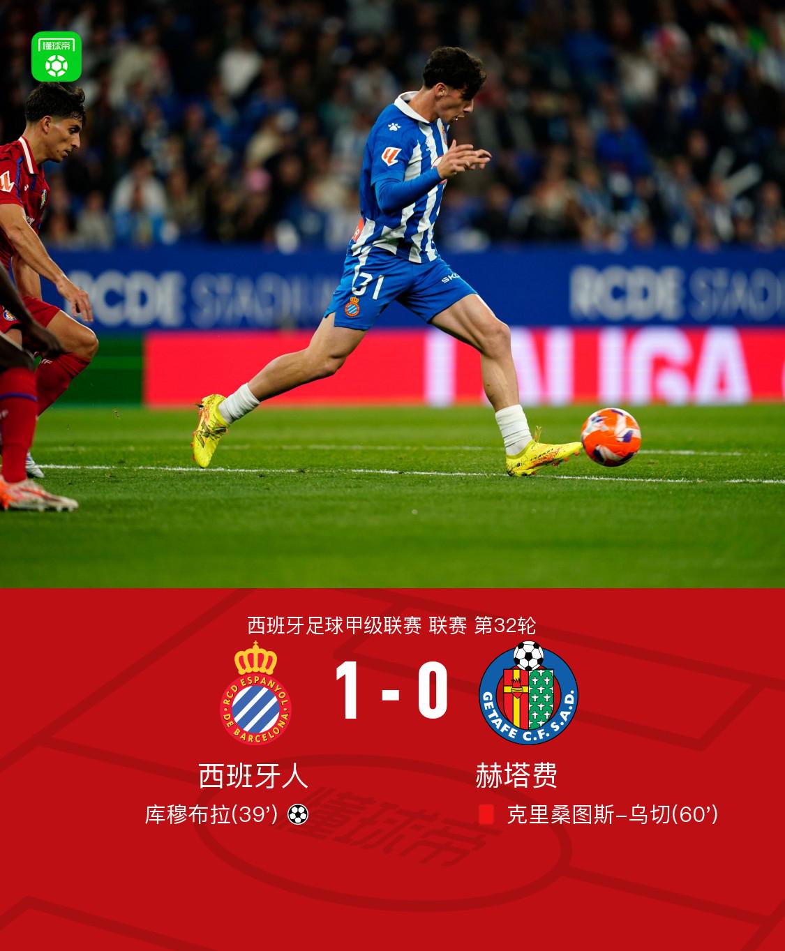 西班牙人1-0十人赫塔費，庫穆布拉制勝，克里桑圖斯-烏切染紅
